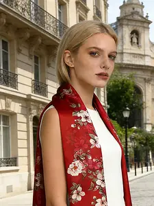 100% Mulberry Silk Scarf for Women - Elegant Floral Print Red Shawl, Breathable Windproof Long Scarf, Versatile Fashion Accessory for Casual Outings & Formal Events, Silk Head Scarf, Sophisticated Print, Outdoor Wear, Stylish Shawl, Soft Texture