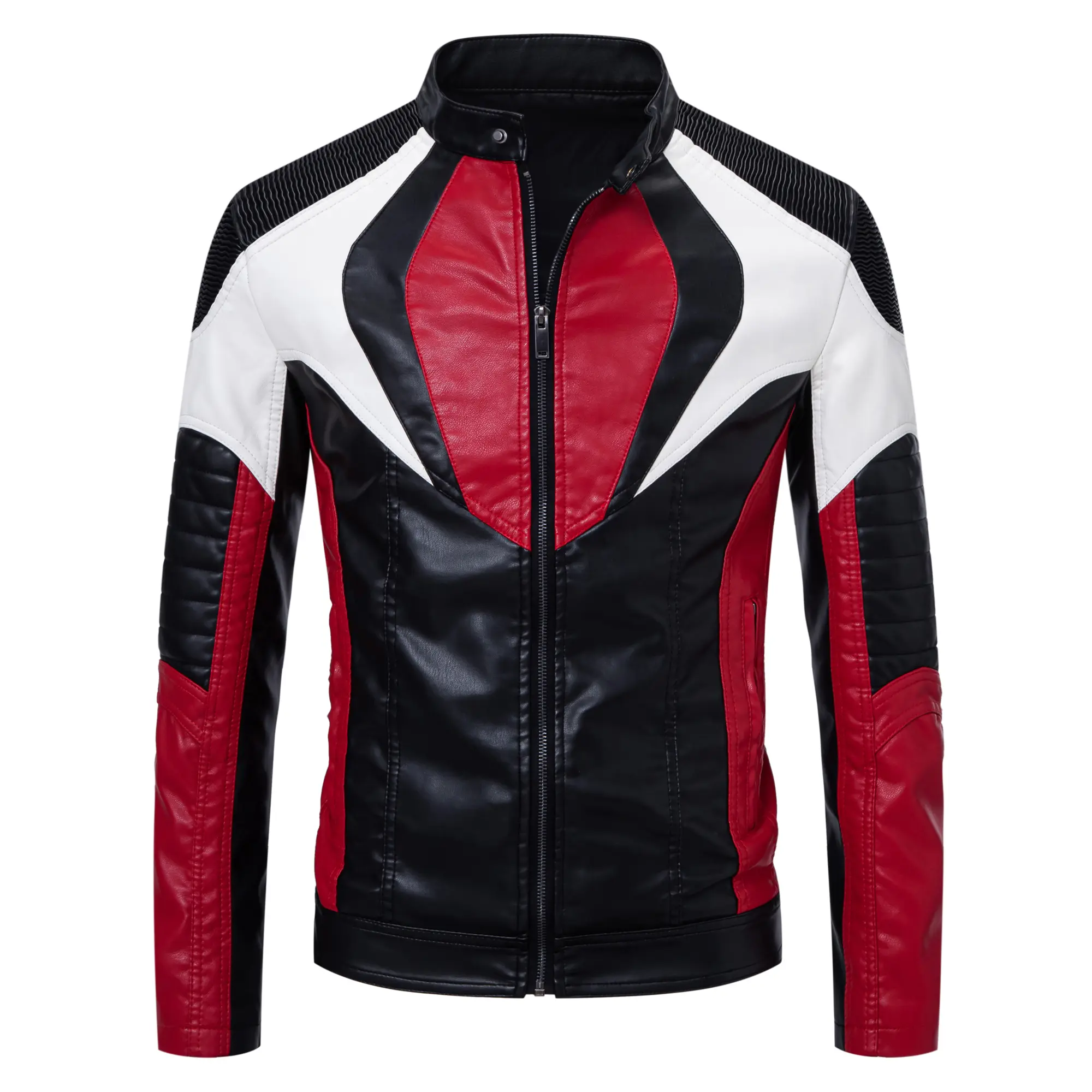 Men's Glossy Biker Leather Jacket, Smooth Menswear Moto Coat with Geometric Color-Block Splicing and Pleated Shoulders, Tops, Stretch, Fabric, Pocket, Coats, Striped, Soft, Protective, Classic, Zipper, Chain