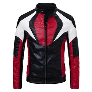 Black, red and white color-block stand-collar biker leather jacket, featuring geometric splicing and shoulder pleats, cool and stylish, full of dynamism and personality, ideal for street riding and fashion wear.