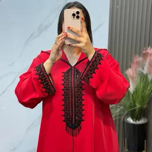 Moroccan  Jalabia Orange Dress with Green Embroidery Details - Elegant Traditional Women's Wear