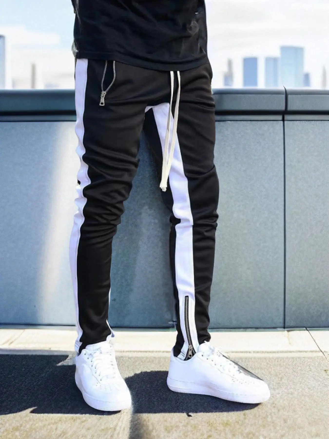 Men's Stylish Contrast Side Seam Pocket Drawstring Waist Pants, Trendy Fashion Menswear, Slim Fit Casual Zipper Trousers for Men, Mens Clothing, Perso