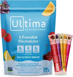 Ultima Replenisher Daily Electrolyte Powder – Original Variety Pack, 20 Stickpacks – Zero Sugar Hydration Packets with 6 Electrolytes and Minerals – Sugar Free, Plant Based & Keto Friendly​ Drink Mix