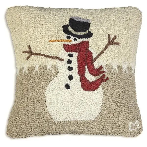 Snowman in Stitches Hooked Wool Pillow