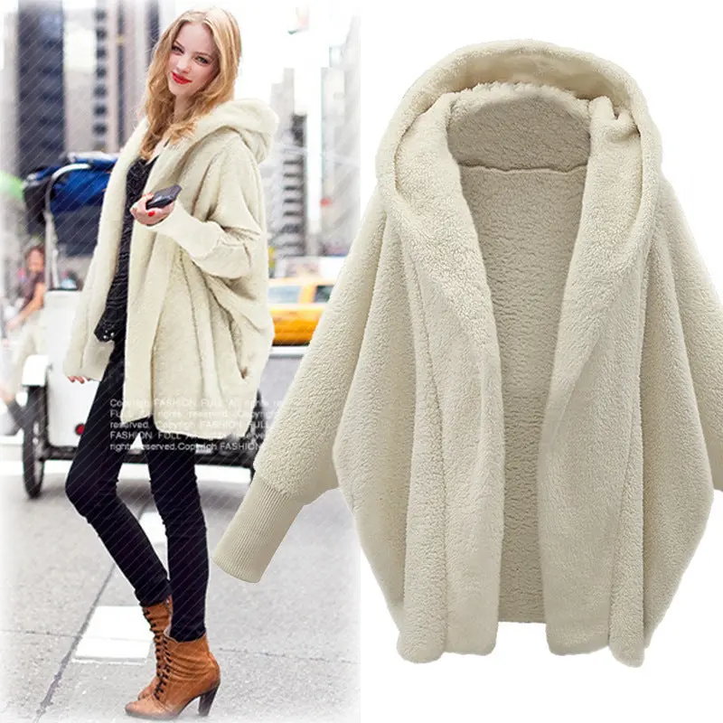 Women's Solid Navy Army-Style Thick Polyester Velvet Batwing Long-Sleeve Hooded Loose Fit Street Wear Jacket, Plush Casual Clothes with Stylish Design Elements