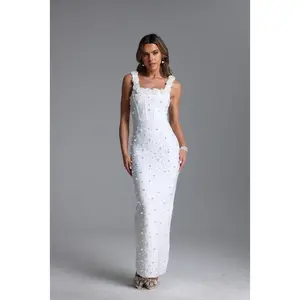 BellaBarnett Shea Elegant Contour Square Neck Floral Pearl Bandage Maxi Dress