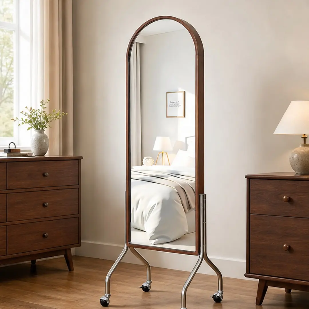 ARCH 2-in-1 Wooden Arched Full-Length Mirror with Natural Wood Wash Rubber Wood Frame - Freestanding Rolling Storage Cart with Swivel Wheels, Shelves for Bedroom, 18.50" W x 22.05" D x 66.14" H, Home Decor