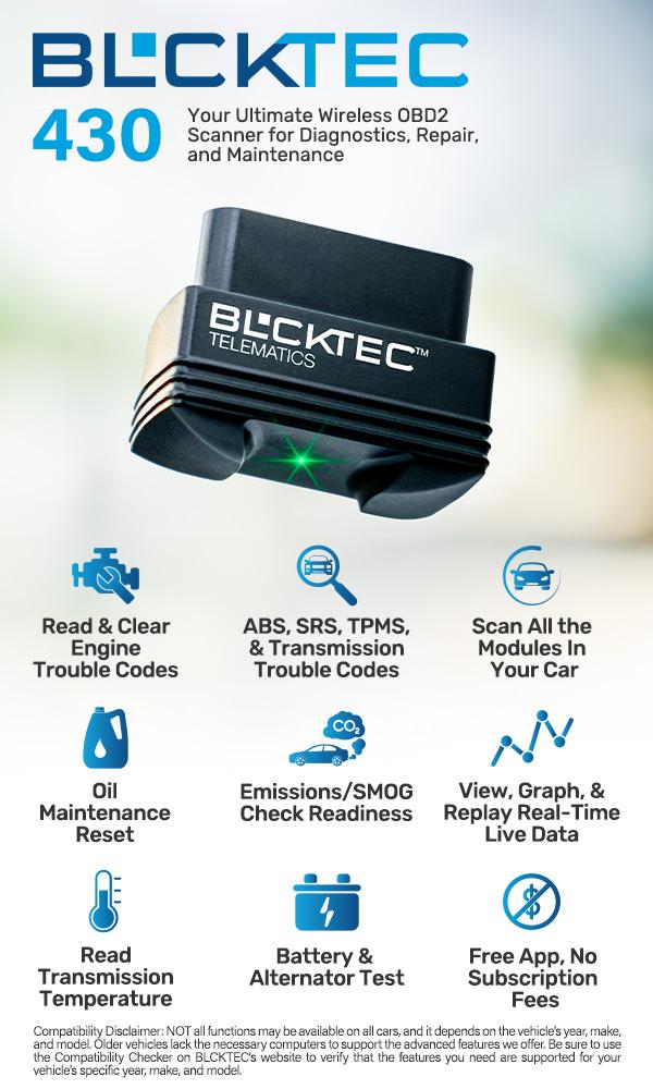 BLCKTEC 430 Bluetooth OBD2 Scanner, No Subscription Fee, OBDII Car Code Reader Diagnostic Tool, Diagnose Check Engine, ABS, SRS, TPMS & More, Live Data, Full System Scan, Supports USA/Canada Vehicles 1996+