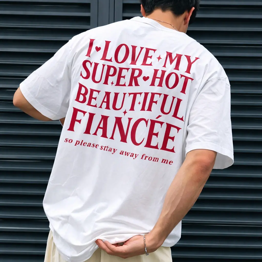 Men's Cotton Short-Sleeve Round Neck Cute Fitted Preppy Funny Graphic T-Shirt - Menswear Top with Tear-Away Label, Gifts for Him Engagement Item with Messages ("I Love My Fiance So Please Stay Away From Me", "Future Husband", "I Heart My Girlfriend")