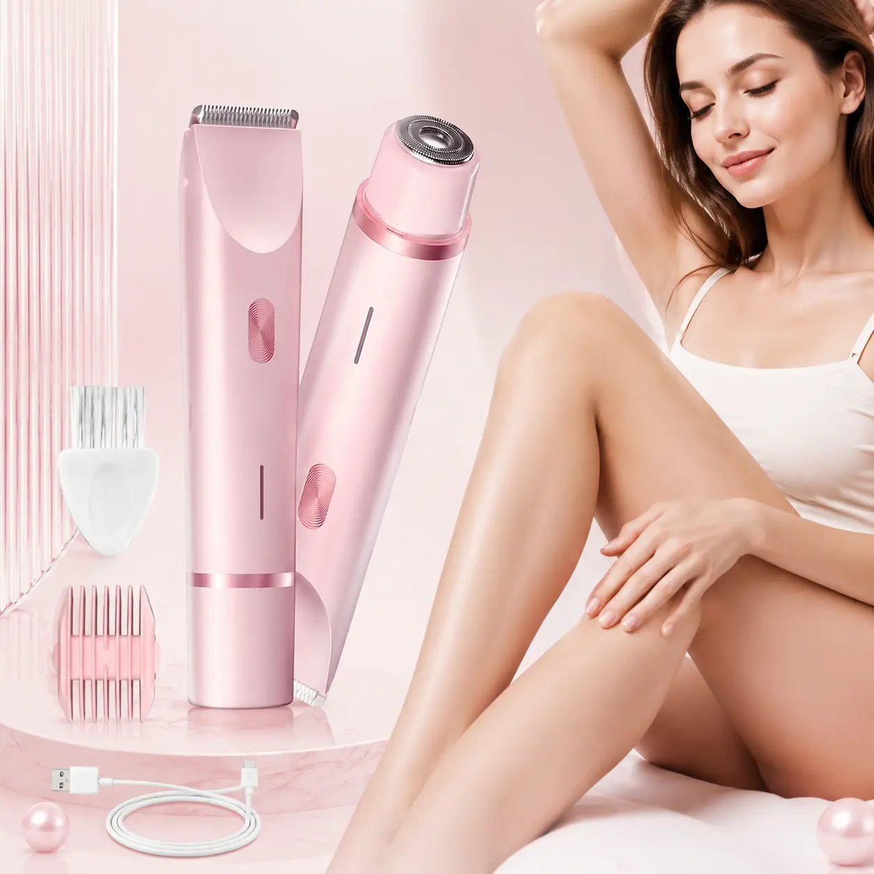 Cordless Electric Bikini Trimmer for Women, 2-in-1 Dual Head Shaver with IPX7 Waterproof Wet Dry Design, Rechargeable Hair Remover for Face Underarms Bikini Line, Smooth Painless Use, Great Teacher & Best Friend Birthday Gift