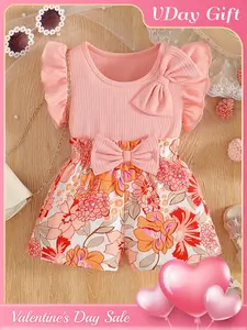 Two piece set Baby Clothing Baby girl summer outfit set, baby ruffled bow top+floral printed shorts set, fresh and sweet princess style suitable for 0-3 year old babies to go out and play in spring and summer, daily wear, Valentine's Day gifts
