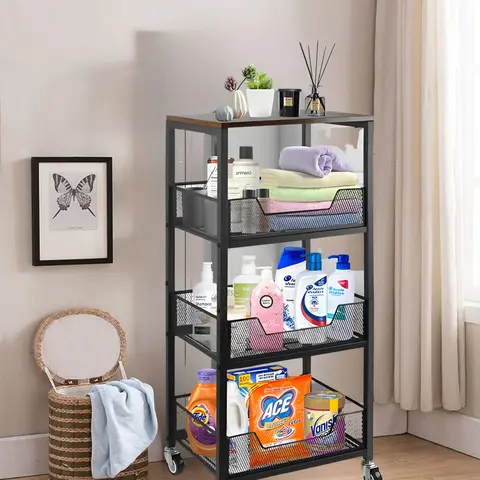 4-Tier Rolling Storage Organization Cart with Wood Top & Metal Frame, Mobile Kitchen Fruit Vegetable Basket Stand, Utility Organizer Trolley for Pantry, Office