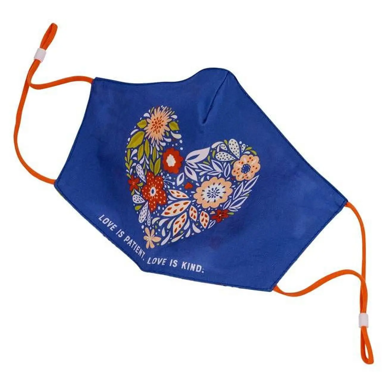 212 MAIN Reusable Cotton Face Mask - 2 Layers, Blue Floral Heart-Shaped Collage Design, Center Seam, Positive Text "Love is Patient Kind Heart", Soft Goods Binding
