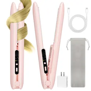 Cordless hair straightener with long battery life, equipped with a USB charging cable and travel storage case, for creating smooth and shiny hairstyles.