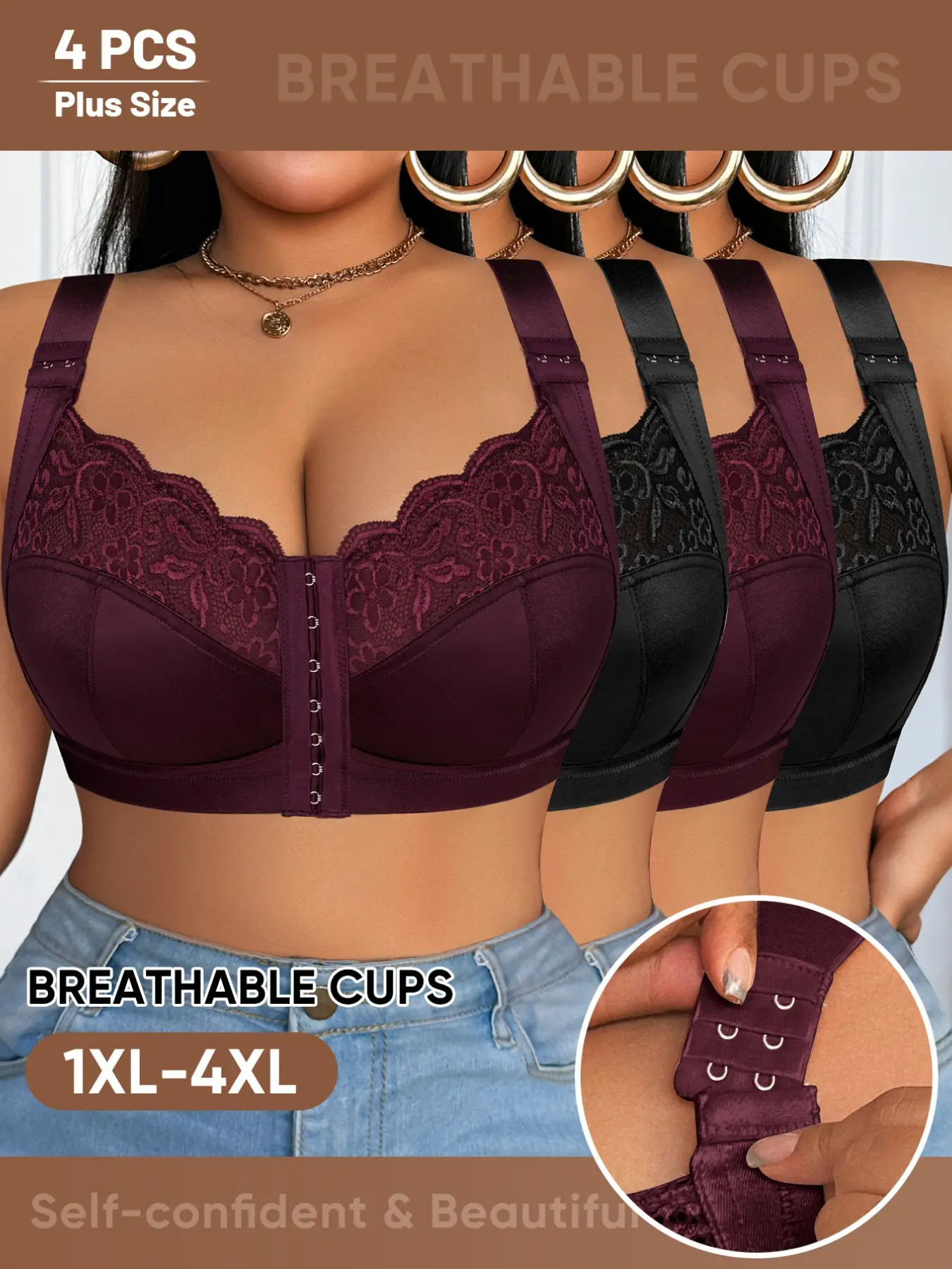 4-Pack Wireless Bras, No Underwire Bra, Front Buckle Design, Plus Size Comfortable Fit, Push-Up Style for Enhanced Shape, Lift Shape Bra, Breathable Bra, Women's Underwear