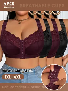 4-Pack Wireless Bras, Front Buckle Design, Plus Size Comfortable Fit, Push-Up Style for Enhanced Shape, Women's Underwear