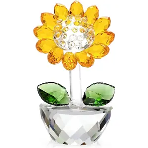 F-AP01  Crystal Sunflower with Bud Glass Sunflower Figurine Collectible, Small Sunflower Ornament Paperweight Table Decoration with Gift Box, Glass Bouquet Flowers Centerpieces for Home Decors