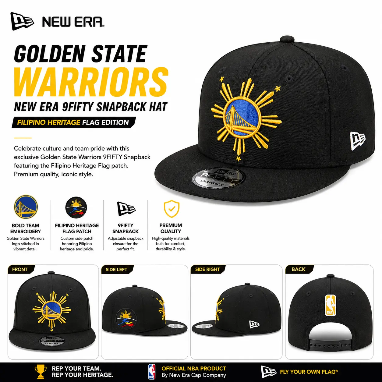 New Era Black Golden State Warriors Filipino Heritage Flag 9FIFTY Snapback Hat – Premium NBA Streetwear Hat