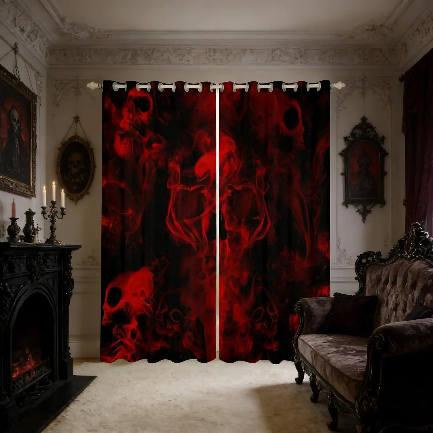 Gothic Skull Curtains Red and Black Skeleton Window Curtains for Kids Boys Bedroom,Psychedelic Goth Skull Window Drapes Trippy Smoke Window Treatments 2 Panel Set,Living Room Decor