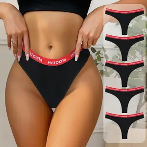 Hotcom 5Pcs Cotton Thong Letter Comfort Low Waist Ladies Thong Daily Wear for Women Soft Breathable Panties Womenswear Pieces Bridal Hipster Thongs algodon pant
