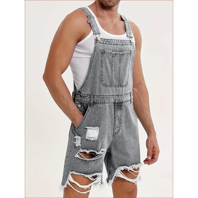 Runcati Men's denim shorts bib overall jean romper, offering a casual loose fit with buttoned pockets, perfect for summer wear as a comfortable and stylish jumpsuit.