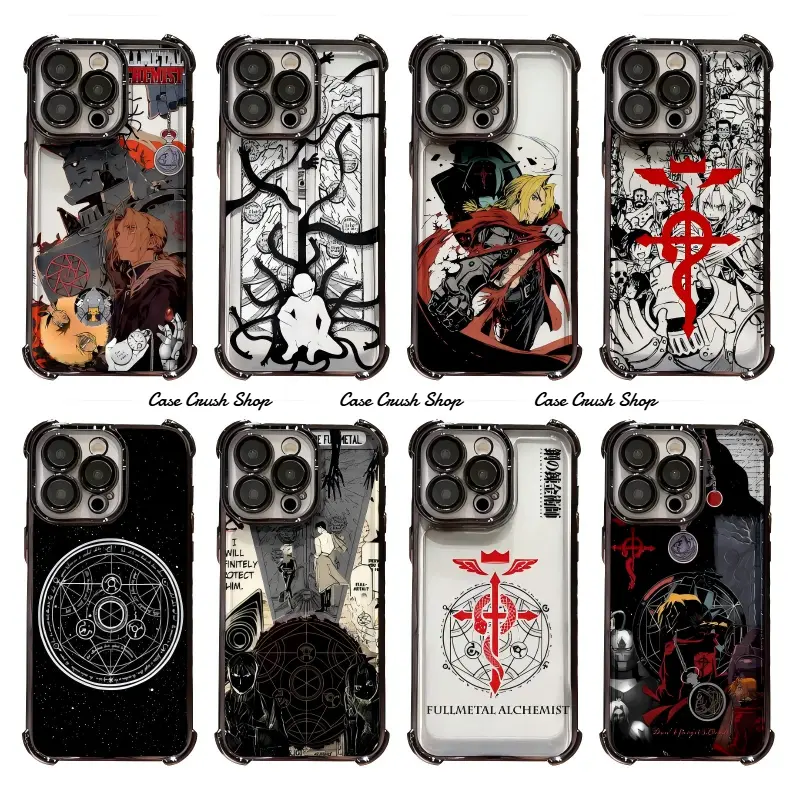 Classic Anime Fullmetal Alchemist Black Phone Cases For iPhone 17 16 15 14 13 12 11 Promax Pro Air Plus Anti Fall Airbag Transparent TPU Shockproof Cover Protection Removable Buttons Casing Shells Gifts For Fans Christmas Halloween Birthday