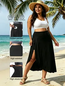Plus Size Women's Pocket-Detail Leggings with Sandy Skirt Women Skorts, Asymmetrical Hem & Split Design, Includes Pocket Shorts, Comfortable & Stylish