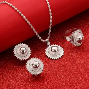 Ethiopian Sunburst Jewelry Set Silver Plated – Habesha Necklace, Earrings & Ring Set – Ethiopian - Eritrean Bridal Wedding Party Jewelry Set | African Jewelry