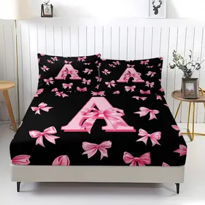 Sweet Cool Style A-D Bow Print Fitted Sheet Set, Includes 2 Pillowcases, Deep Pocket Non-Slip Mattress Protector, Durable Comfort, Cool Black Base Pink Y2K Hot Girl Style, Versatile Girls Dorm & Bedroom Decor