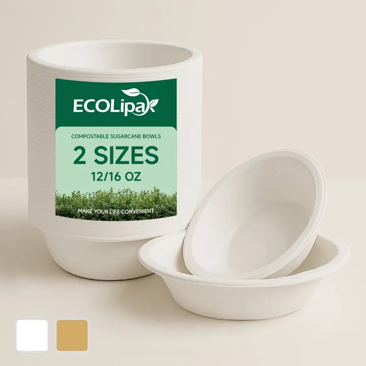 Compostable Sugarcane Bowls - Sturdy, 12 oz-16 oz Wide-Side Leak-Resistant Disposable Tableware, BPI Certified, PFAS-Free