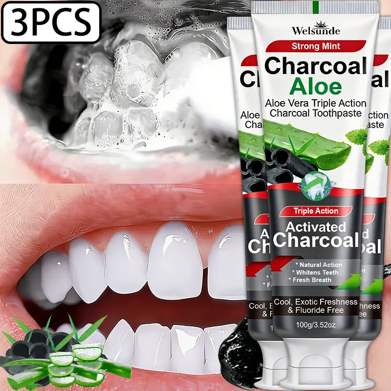 Welsunde Activated Charcoal Aloe Vera Toothpaste Strong Mint Fluoride Free Oral Soothing natural ingredient gentle care all-day fresh breath purple neutralizes protects gum