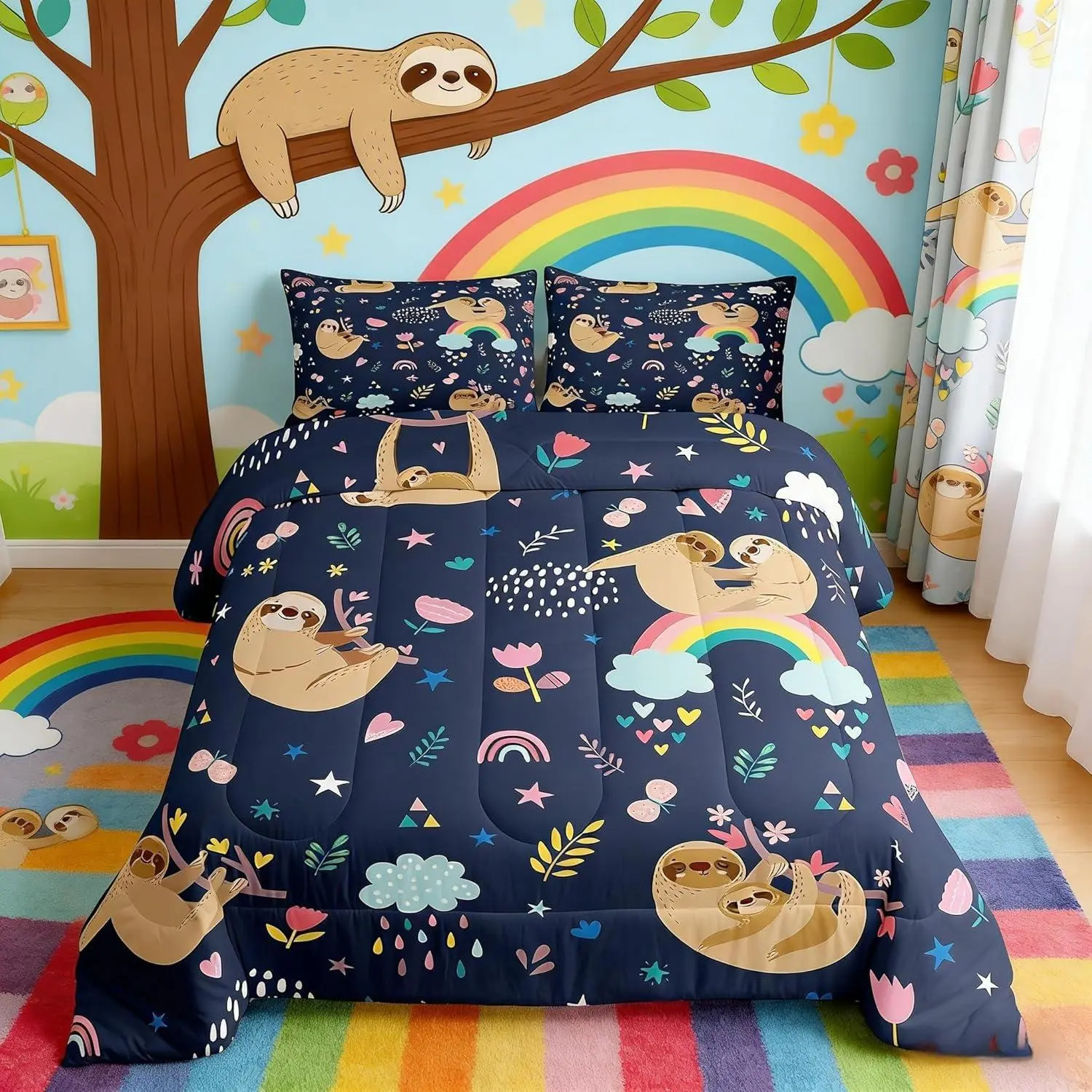 Cute Brown Sloth Comforter Set,Cartoon Animal and Flowers Rainbow Print Bedding Set for Kids Girls Boys Teens,Quilted Duvet Decor Bedroom,Dark Blue