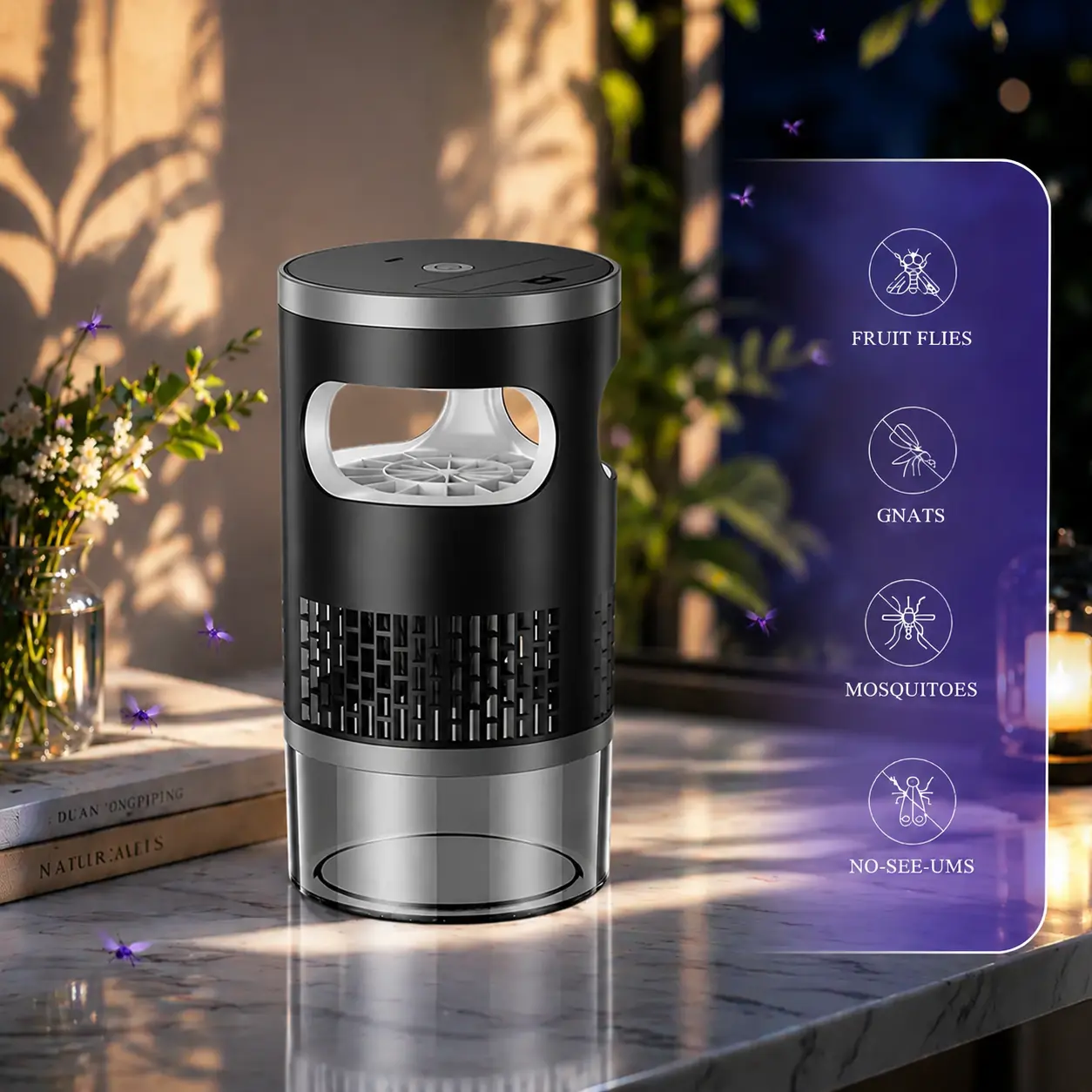 Indoor Light Suction Insect Trap, non-zapper silent flying bug catcher. Effectively capture mosquitoes, fruit flies, gnats and moths, safe quiet pest remover for household indoor use.