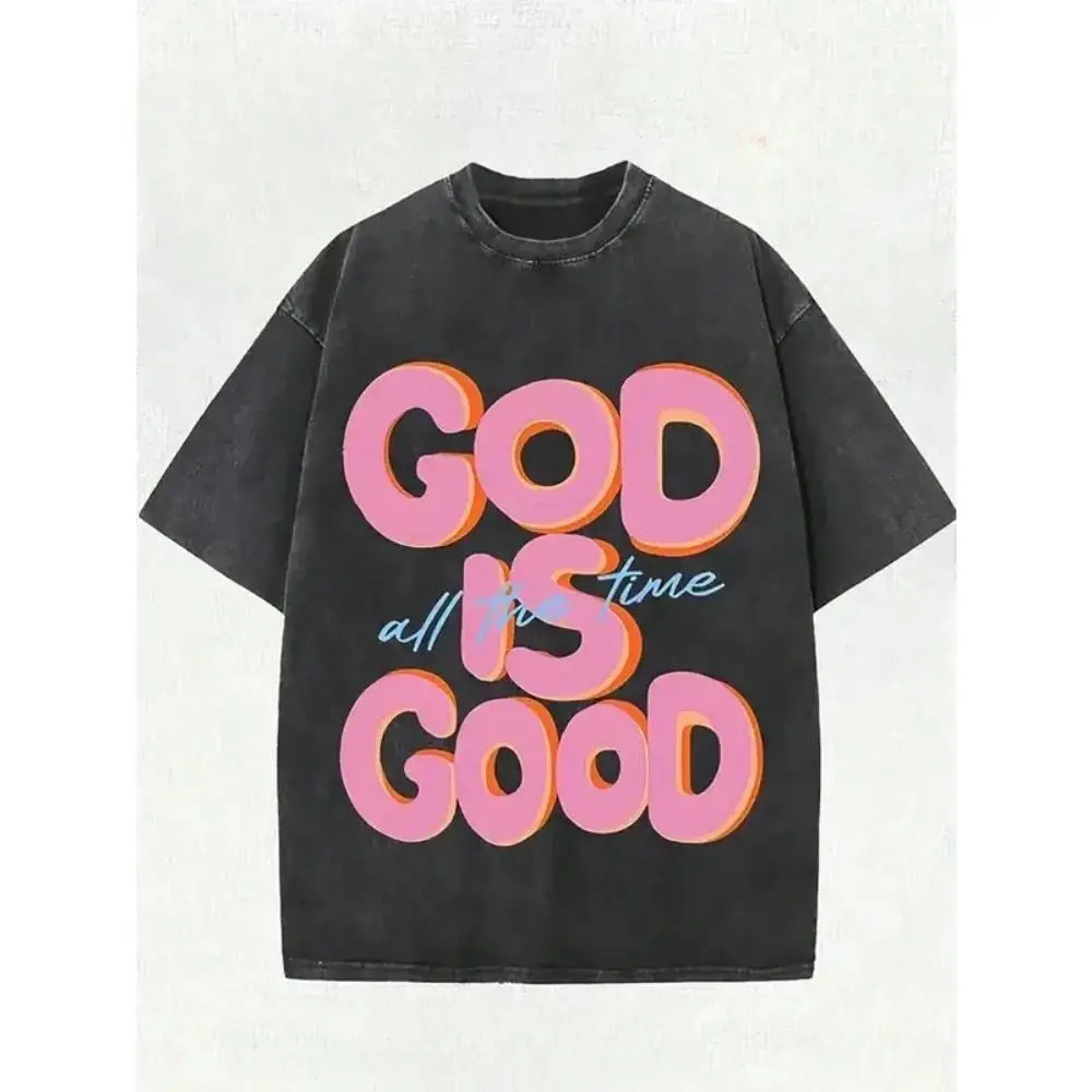 230G Washed Pure Cotton T - Shirt, Men'S Casual Fashion, With 'GOD IS GOOD All The Time' Words Print, Outdoor Sports T - Shirt | Loose Fit | Soft Knitted T - Shirt