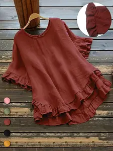 Plus Size Plain Ruffle High Low Hem Blouse, Casual Soft Fitted Round Neck Half Sleeve Woven Top for Summer, Women's Plus Size Clothing for Daily Wear
