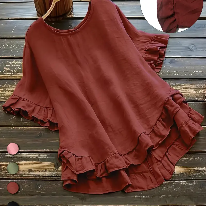 Plus Size Plain Ruffle High Low Hem Blouse, Casual Round Neck Half Sleeve Top for Summer, Women's Plus Size Clothing, Daily Wear Tops