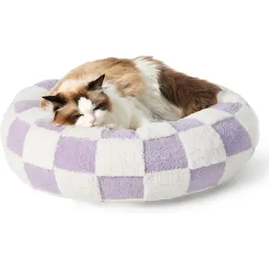 Cozy Lavender Checks Donut Dog Bed Plush Round Cat & Small Dog Bed with Non-Slip Bottom for Ultimate Comfort Easy Cleaning & Supportive Structure