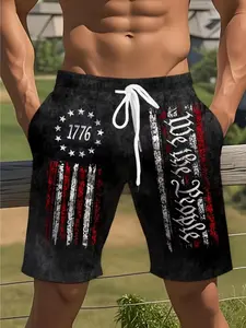 Men's Plus Size Patriotic American Flag Print Shorts, 100% Polyester, Casual Style, Non-Elastic Fabric, Regular Fit with Drawstring, Summer Cool Wear