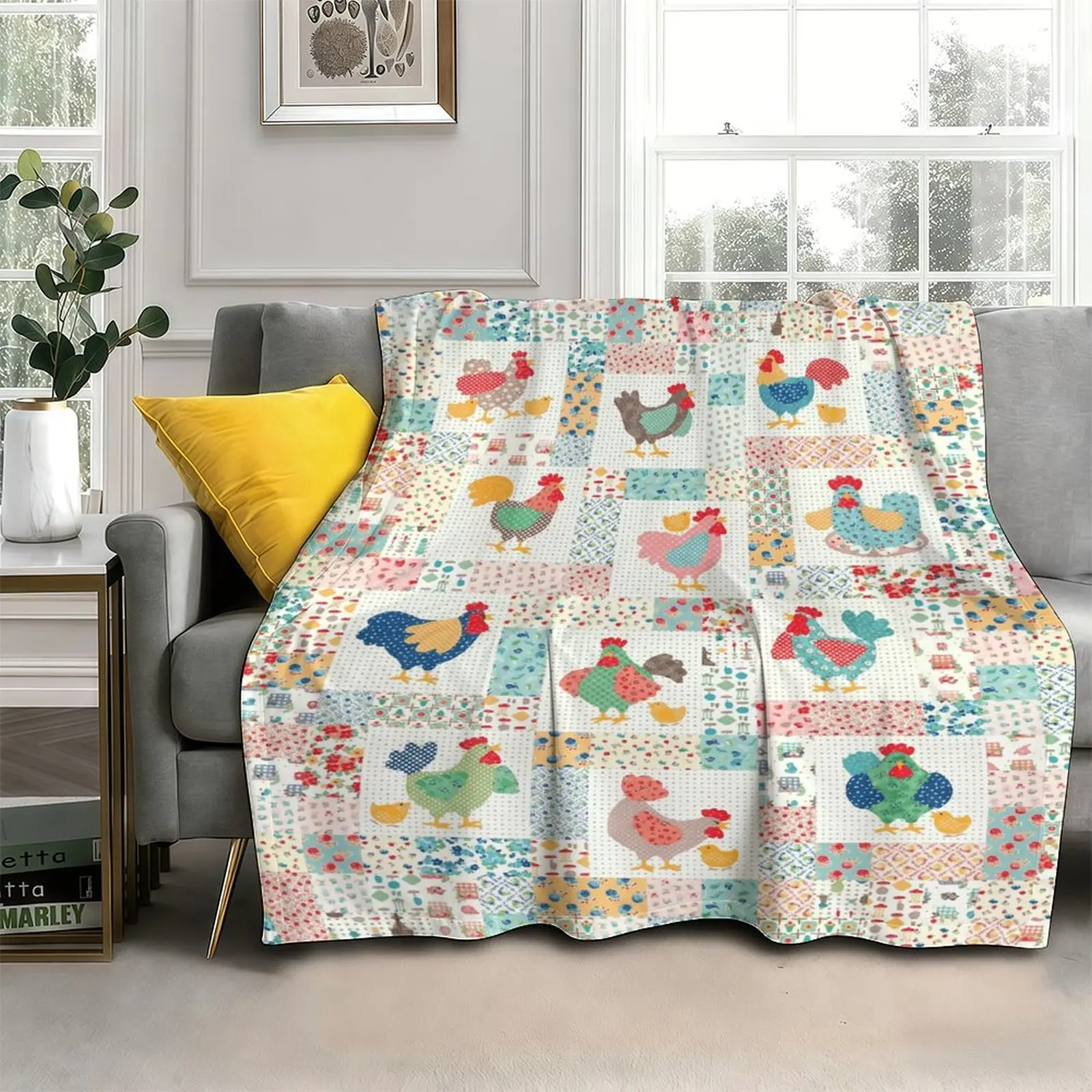 Retro Farm Chicken Blanket, Cute Rooster Quilt Block Pattern Throw, Cozy Farmhouse Animal Gift for Girls, Vintage Floral Country Aesthetic Flannel Blanket