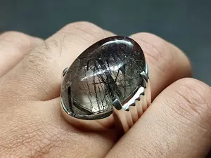 Natural 30 Carat Big Muh e Najaf Sterling Silver 925 Handmade Cabochon Rutilated Quartz Men's Plain Ring