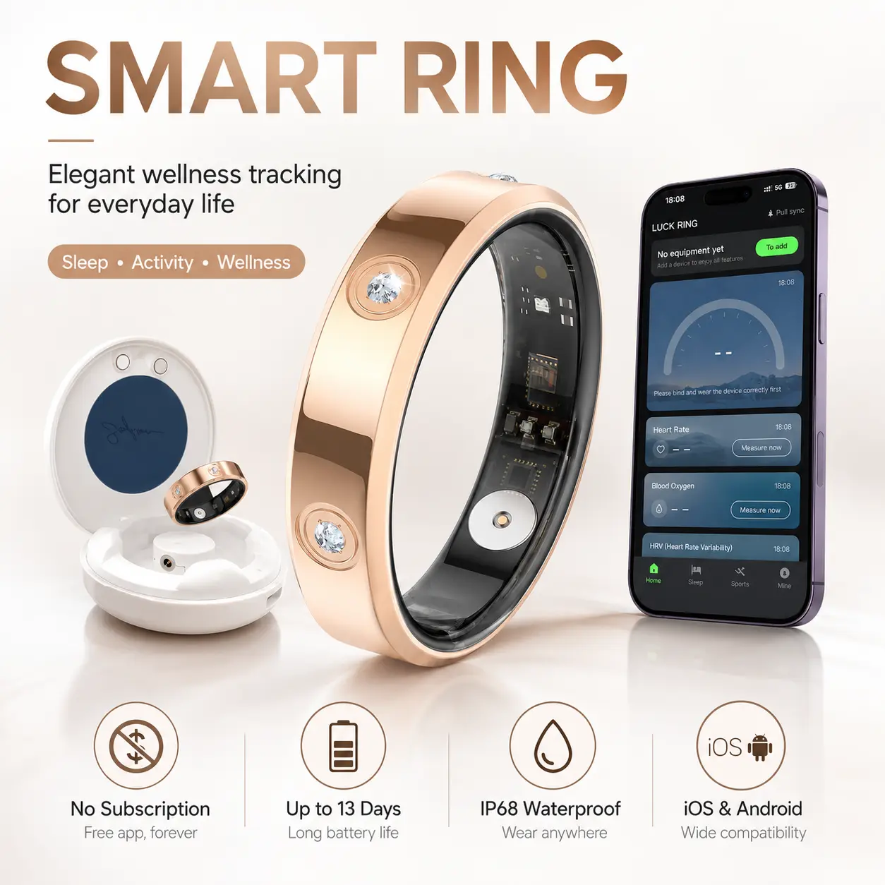 Smart Ring for Women & Men, Stylish Sleep & Fitness Tracker, IP68 Waterproof, No Subscription, Wireless Charging Case
