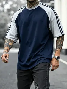 Men’s oversized color block patchwork T-shirt, striped short sleeves, crew neck, casual streetwear top