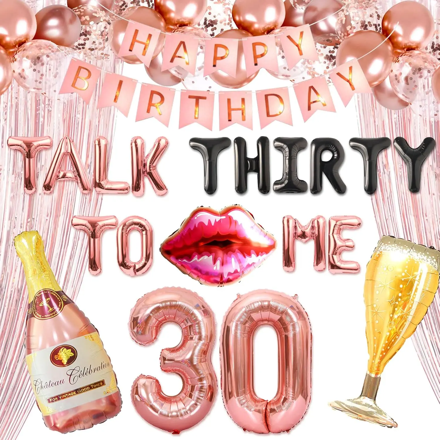 Rose Gold Talk 30 to Me Balloon Set, 30th Birthday Backdrop, Banner & Decorations for Her Dirty 30 Celebrations