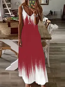 [Plus Size] Patchwork Print V Neck Spaghetti Strap Cami Dress, Casual Sleeveless Dress for Daily Wear, Women's Clothing for All Seasons, Womenswear