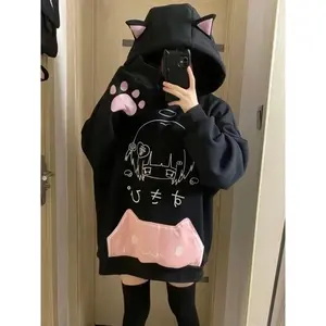 Japanese Cartoon Print Fleece Hoodies Women Harajuku Gothic Cat Ears Hooded Vintage Hoody Streetwear Y2k Aesthetic Sweatshirt