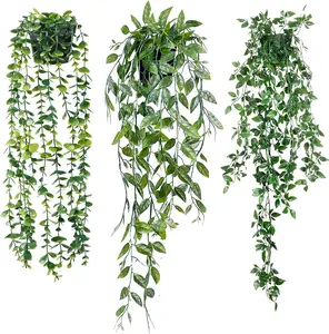 Sggvecsy 3 Pack Artificial Eucalyptus Fake Hanging Plants in Black Pots - Greenery for Indoor Outdoor Wall Garden Decor - Waterproof & UV Resistant Plastic - Easy Care No Water Needed - Perfect for Living Room, Bookshelf, Bathroom, Wedding, Christmas