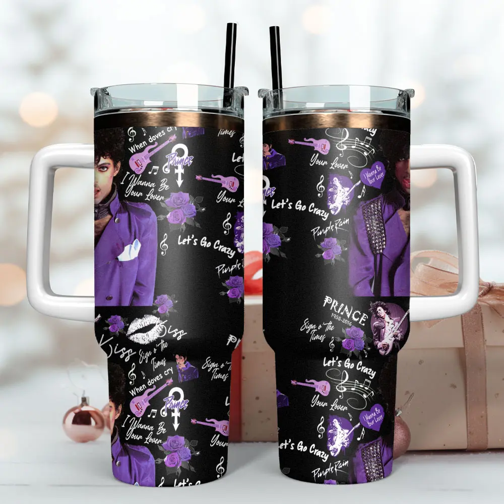 Prince Purple Rain 40oz Tumbler with Handle & Straw, Let’s Go Crazy Music Insulated Cup, I Wanna Be Your Lover Retro Funk Travel Mug, Purple Icon Fan Gift for Music Lovers