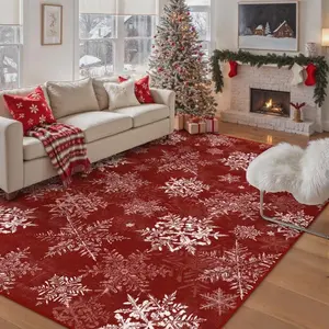 Christmas Area Rug 5x7 for Living Room Red Washable Non Slip Rug Soft Low Pile Carpet Xmas Snowflakes Holiday Decor Throw Rug for Office Dining Room Bedroom