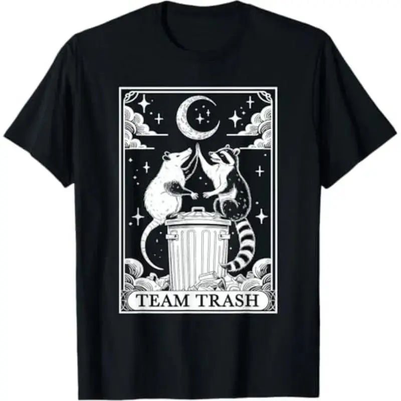 Men's Cotton Short-Sleeve T-Shirt - Soft, Comfy Menswear Top with Round Neck, Simple Design, Tarot Card, Vintage Team Trash, Crescent Moon, Opossum, Raccoon Prints for Fitness