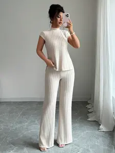 USBoutiqueCHIC Women's Spring Summer Casual Two-Piece Set | Soft Ribbed Knit Short Sleeve Top & Flare Trousers | 10 Color Elegant Collection