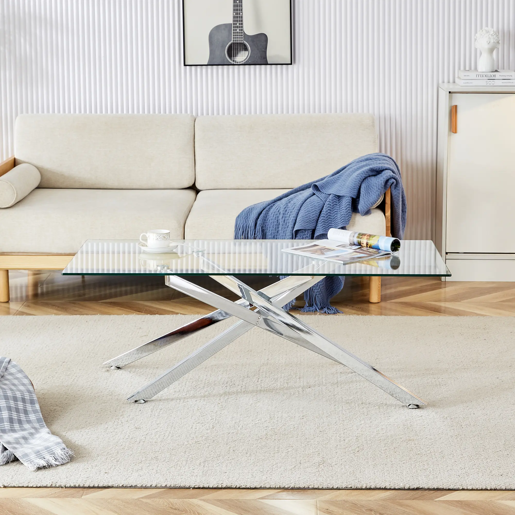 Contemporary Rectangle Tempered Glass Coffee Table - 47.2x23.62" (23.62" Depth), Elegant Design, Silver Chrome-Plated Metal Tubular Unique Legs, Modern Small Space Apartment Living Room Center Table